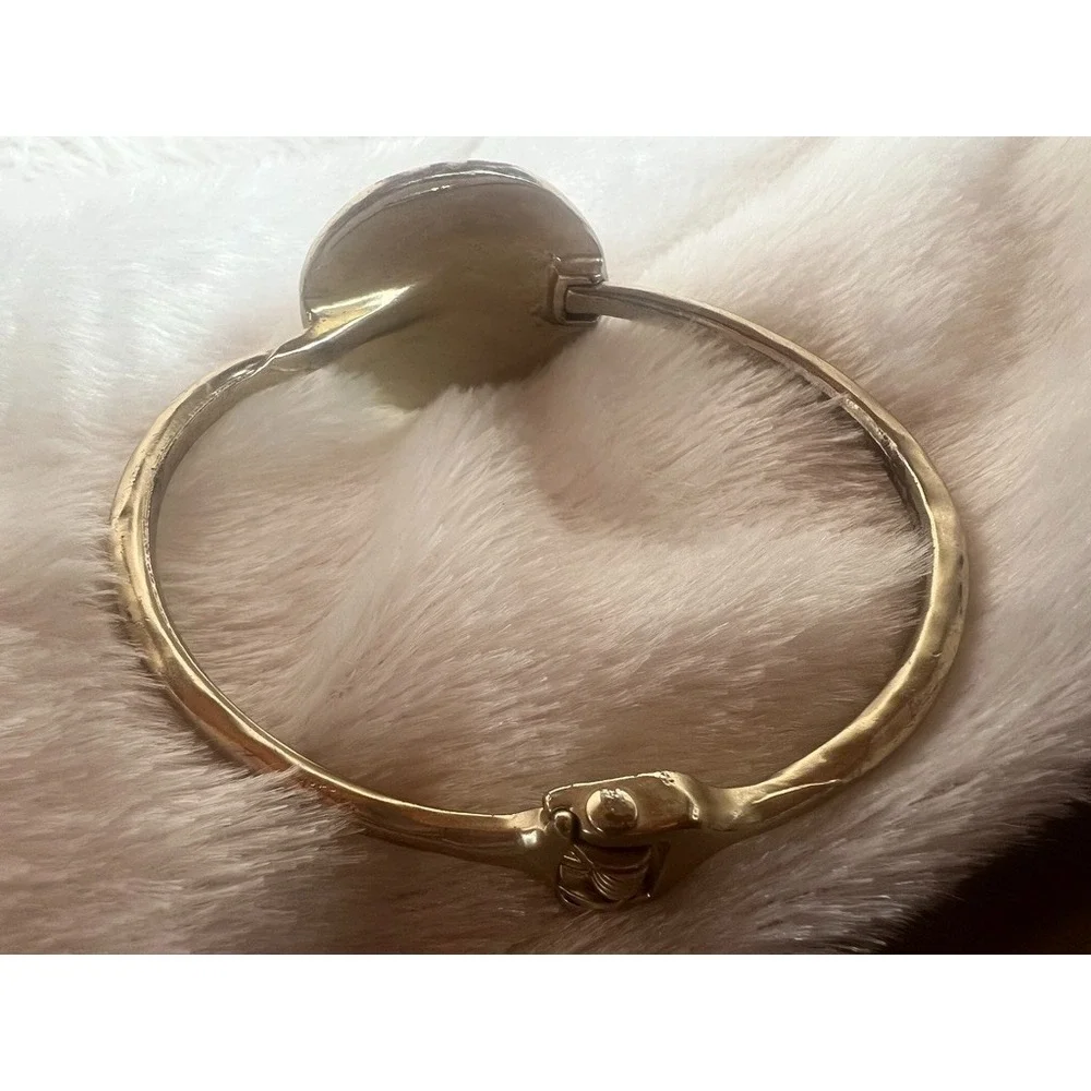 Hammered Gold Tone Hinged Bangle Bracelet Dome Oval Modernist‎ Statement